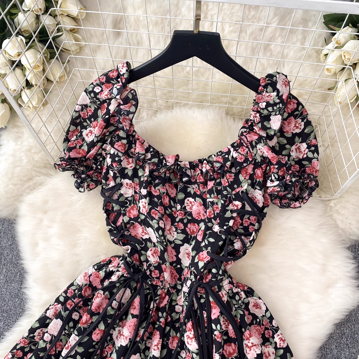 Floral Square Neck Puff Sleeve Irregular Dress For Women