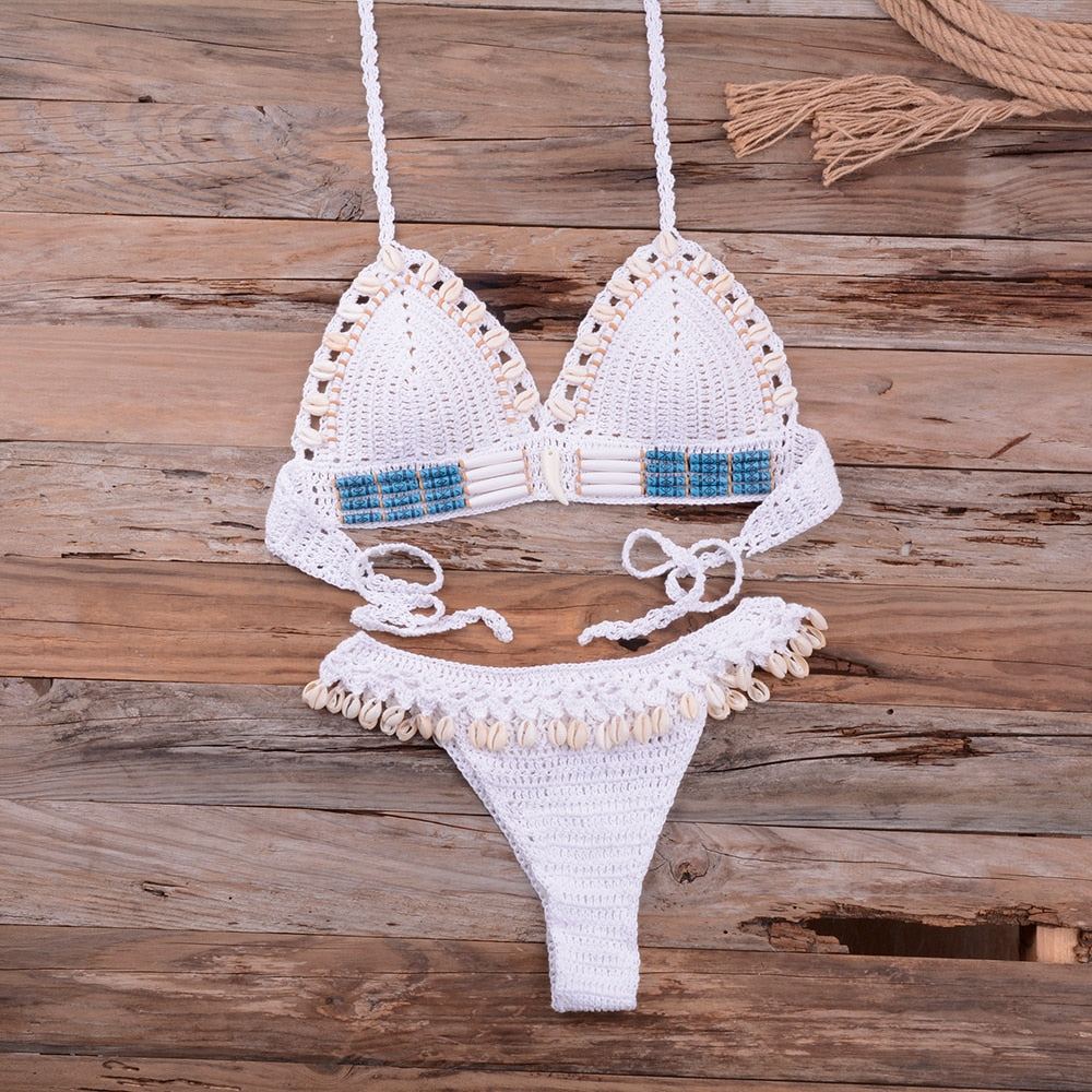 Knitted Shell Tassel Halter Bikini