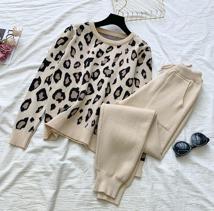 Knit Leopard Pullover Sweaters+Elastic Waist Pants Sets