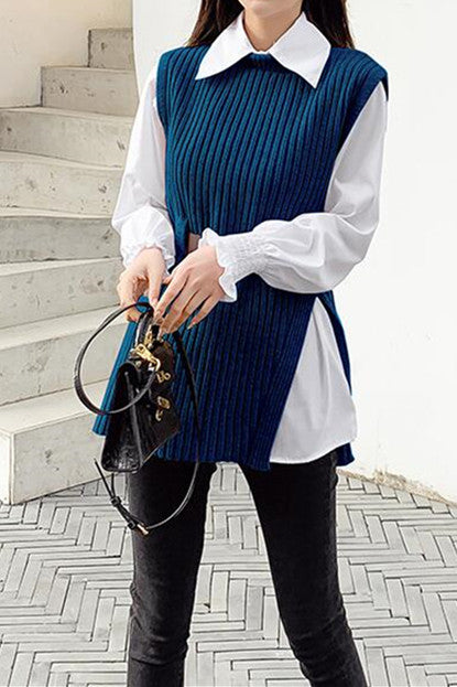 Lantern Sleeve Shirt Knitted Vest 2 Pieces Set