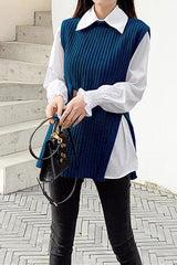 Lantern Sleeve Shirt Knitted Vest 2 Pieces Set