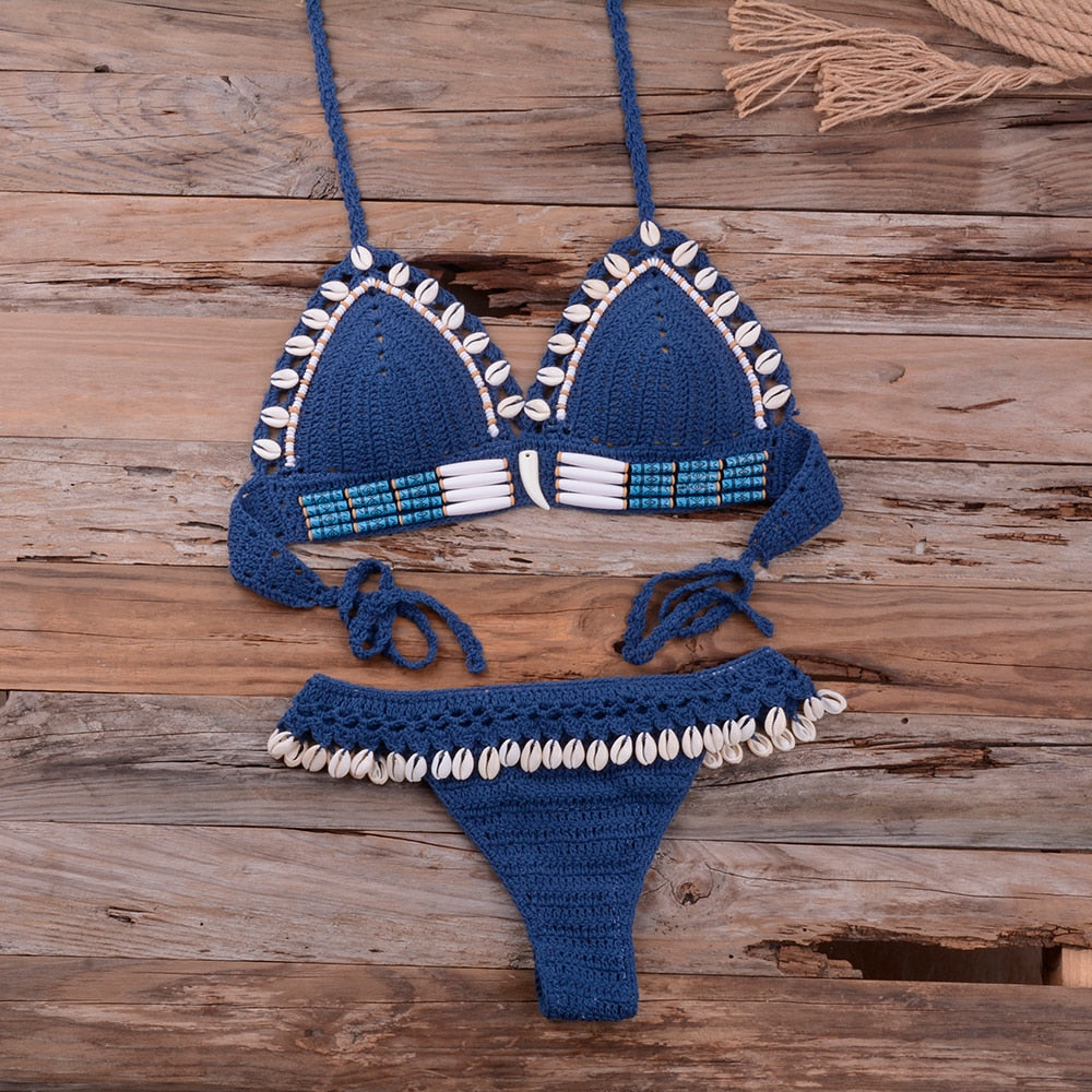 Knitted Shell Tassel Halter Bikini