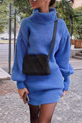 Lantern Sleeve Bodycon Turtleneck Knit Sweater Dress