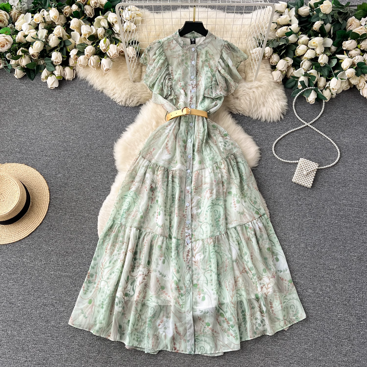 women's ruffle sleeve floral chiffon dress