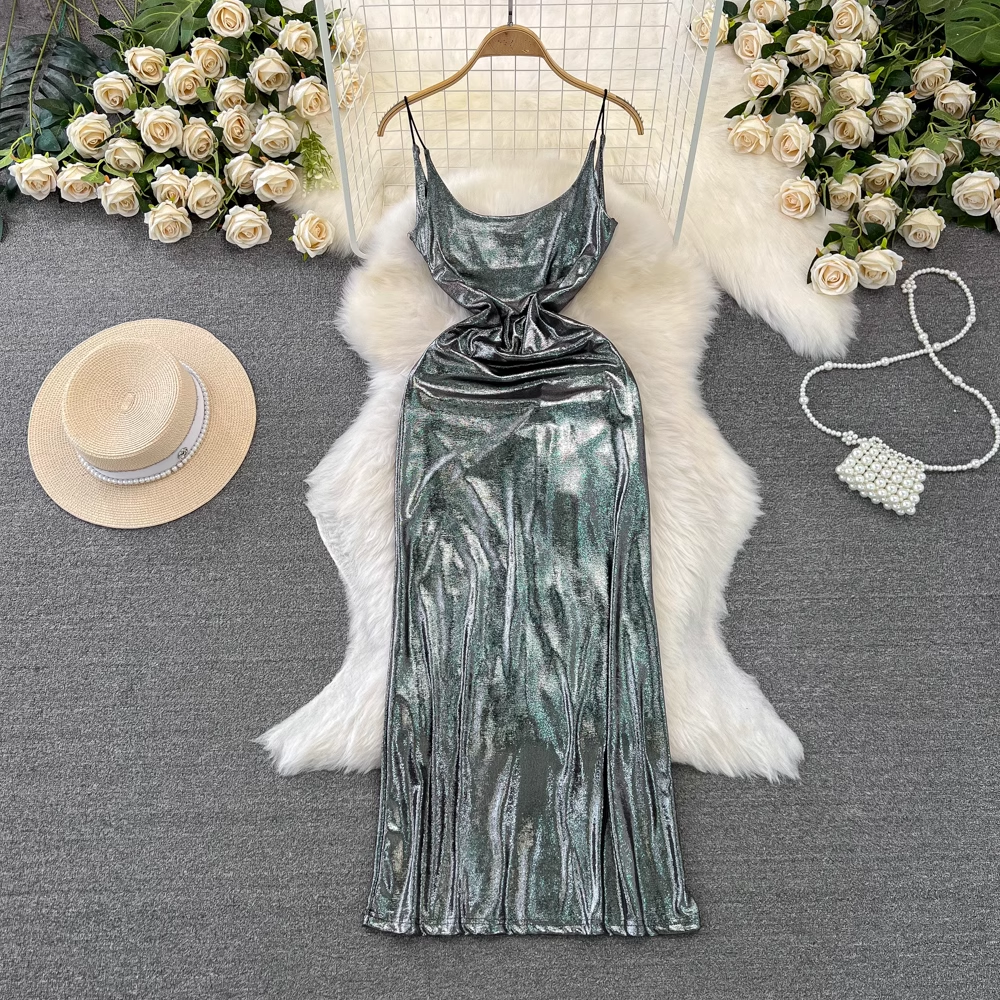 Women's mid-length a-line glossy metallic suspender dress