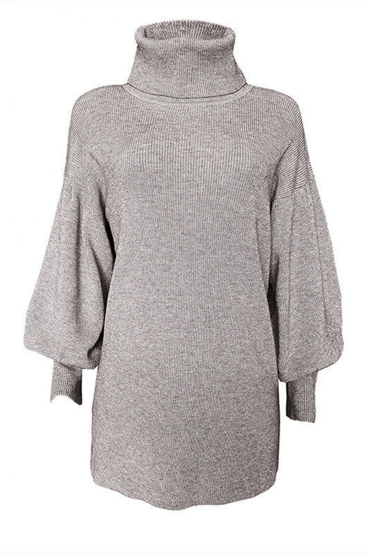 Lantern Sleeve Bodycon Turtleneck Knit Sweater Dress