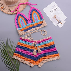 Knitted Rainbow Striped Crochet Bikini Set