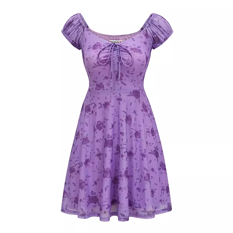 Sexy retro purple rose deep V-neck dress