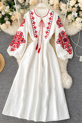 Bohemian Embroidered Flower Lantern Sleeve High Waist Pleated Dress