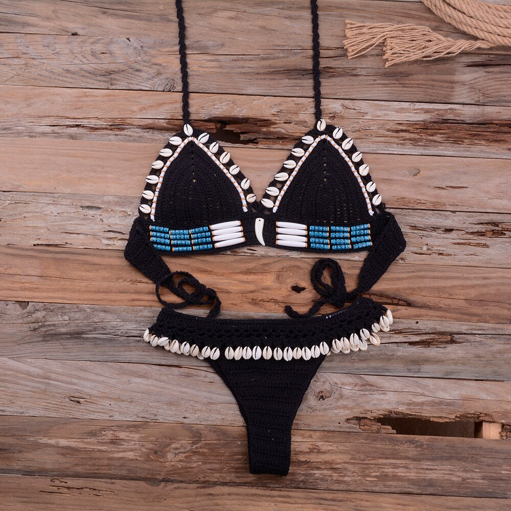 Knitted Shell Tassel Halter Bikini