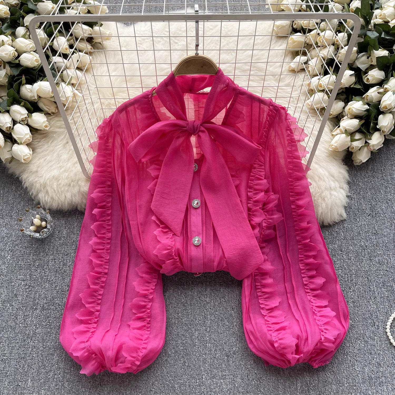 women's autumn bow tie puff sleeve blouses