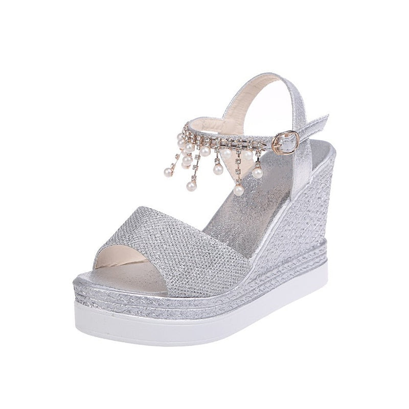 Bead Studded Platform Wedge Sandals