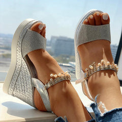 Bead Studded Platform Wedge Sandals