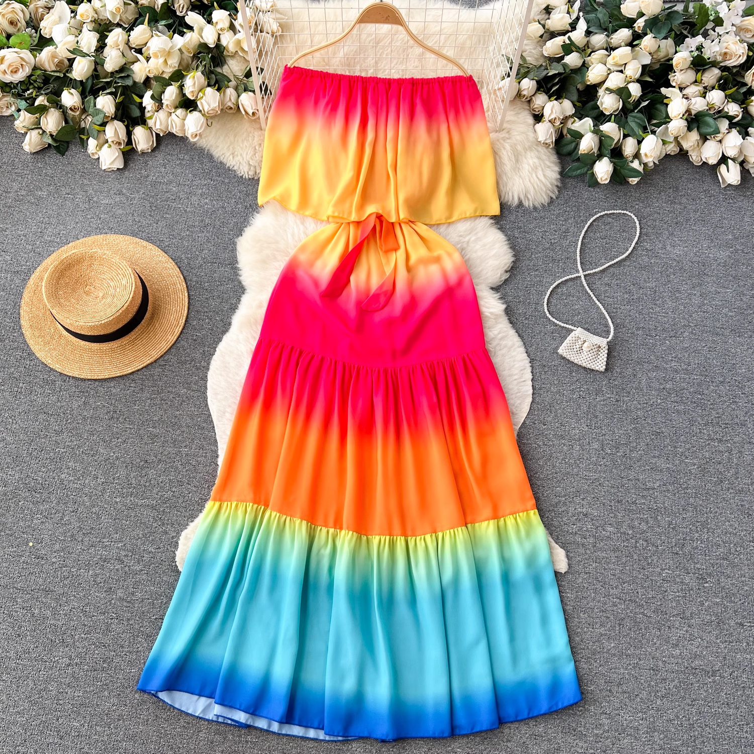 Smudged one-shoulder dress women's summer waist strap design sense