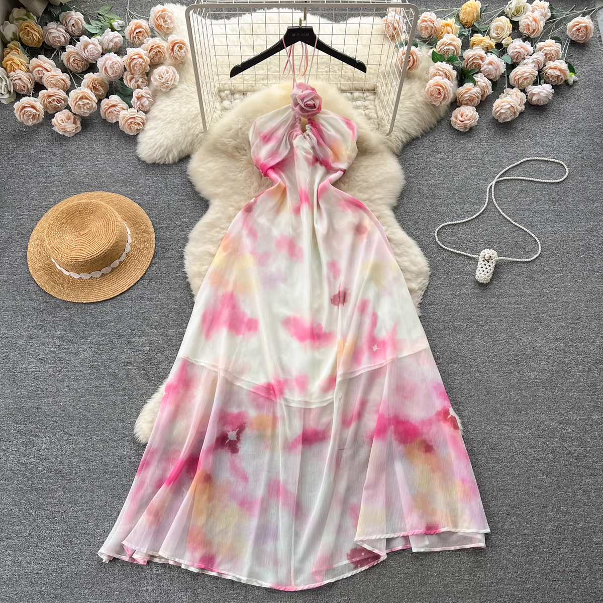 Irregular hollow backless long beach dress