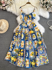 Mid-length a-line lemon print suspender dress seaside vacation long dress