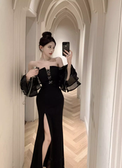 Black sexy strapless dress with flared sleeves