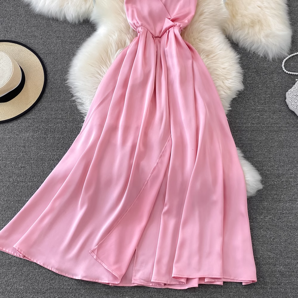 Pink V Neck Backless Summer Dress ,