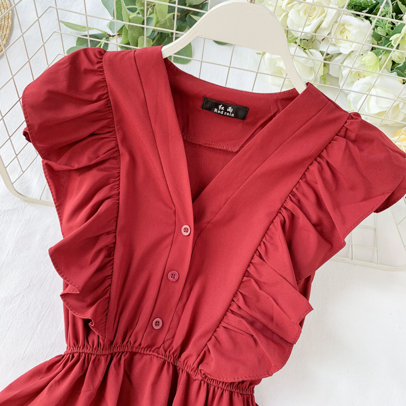 Vintage V-neck ruffled sleeveless Summer Dress,