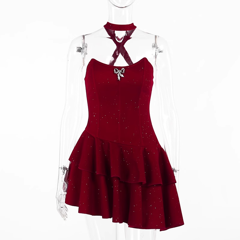 women's red dress with Christmas atmosphere