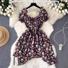 Floral Square Neck Puff Sleeve Irregular Dress For Women