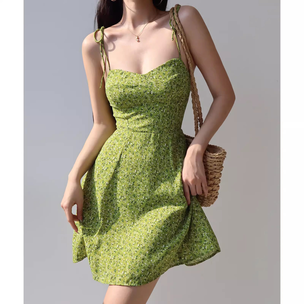 women's summer green printed suspender dress