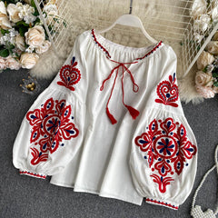 Lace-Up Tassel V-Neck Lantern Sleeve Tops