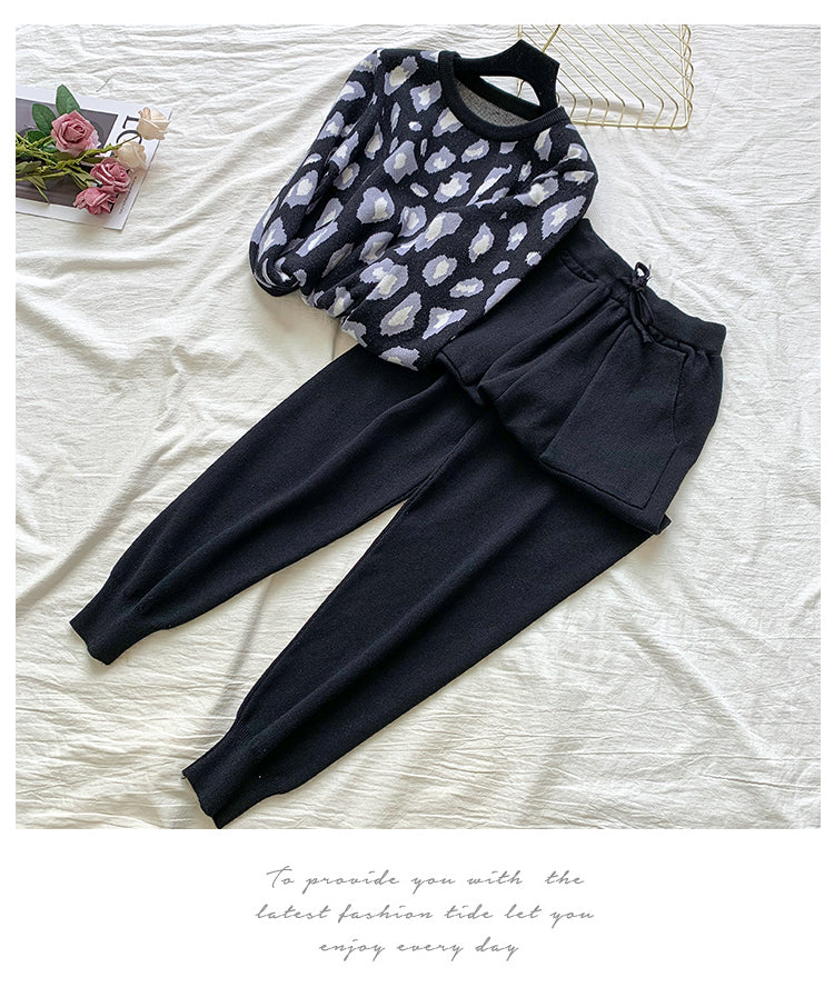 Knit Leopard Pullover Sweaters+Elastic Waist Pants Sets