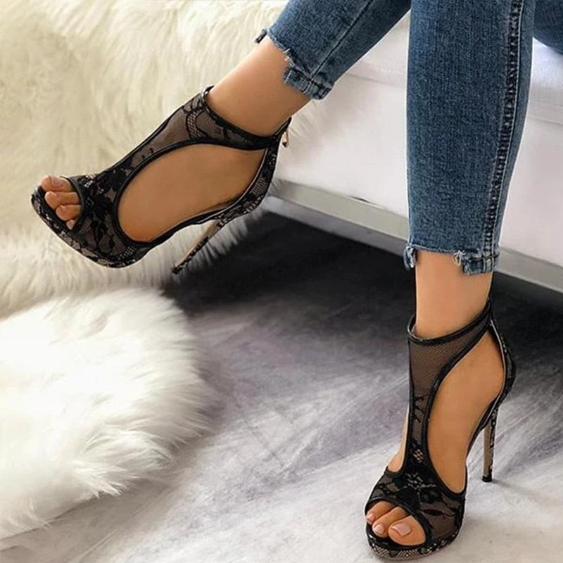 Hollow Lace Thin Heel Sandals