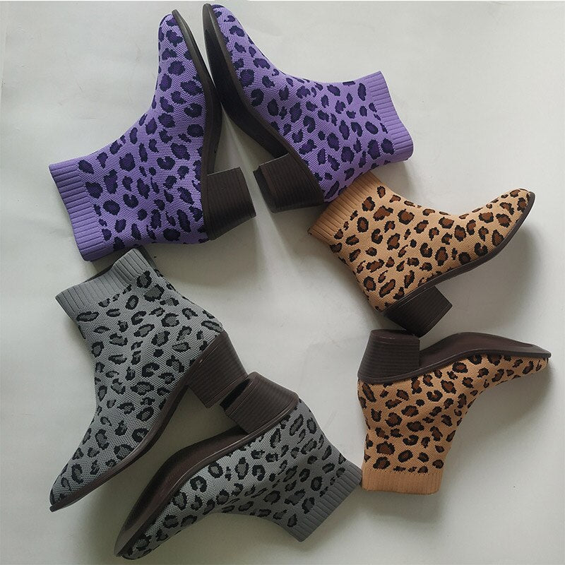 Leopard Ankle Knitting Sock Boots