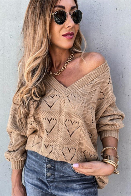 Hollow-out V Neck Long Sleeve Knitted Sweater