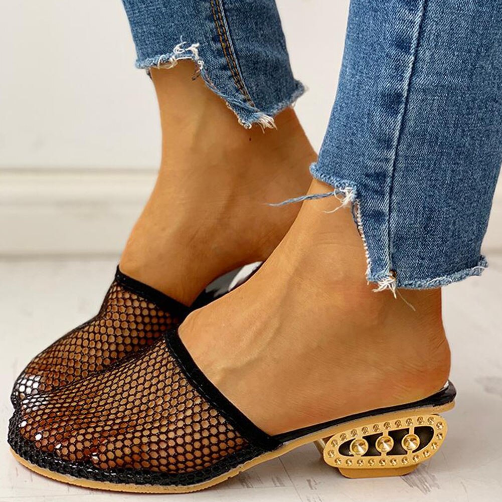 Hollow Mesh Fretwork Heels Slippers