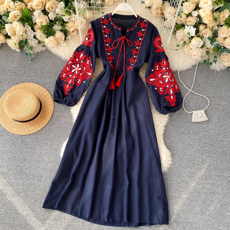 Bohemian Embroidered Flower Lantern Sleeve High Waist Pleated Dress