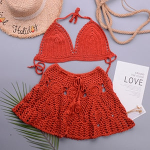 2 Pieces Crochet Swim Skirt Bikini Set