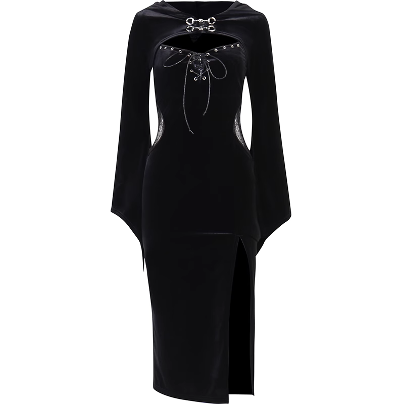 Halloween new women's suspender dress suit hooded bell sleeve spider web dress