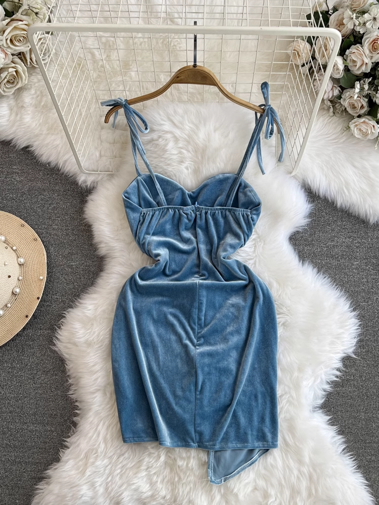 Autumn and winter fashionable and sexy velvet irregular suspender dress with breast pads for women