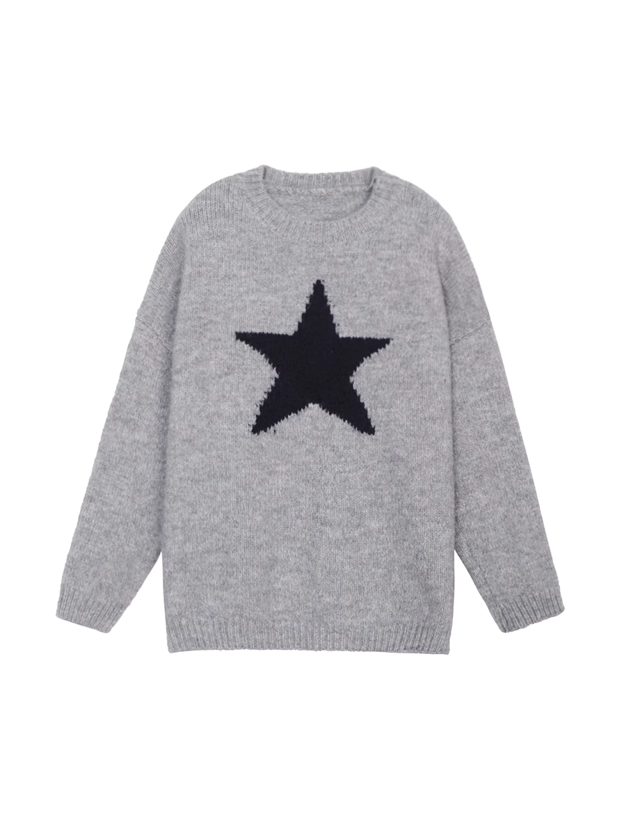 Round neck gray pullover star knitted sweater for women in autumn and winter