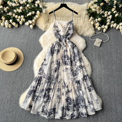 Women's summer retro ink print suspender dress