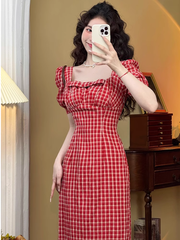 Retro Square Neck Puff Sleeve Dress