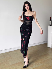 Printed suspender dress with slits