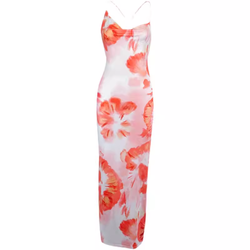 Fashionable Orange Printed Vacation Suspender Dress for Women