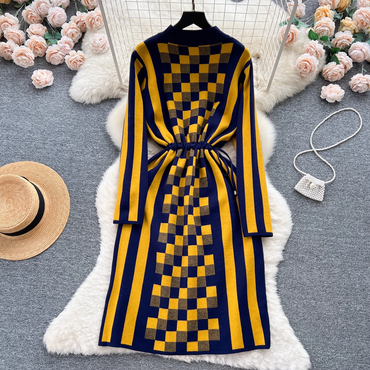 women's design color-blocked checkerboard drawstring waist long-sleeved knitted dress for women