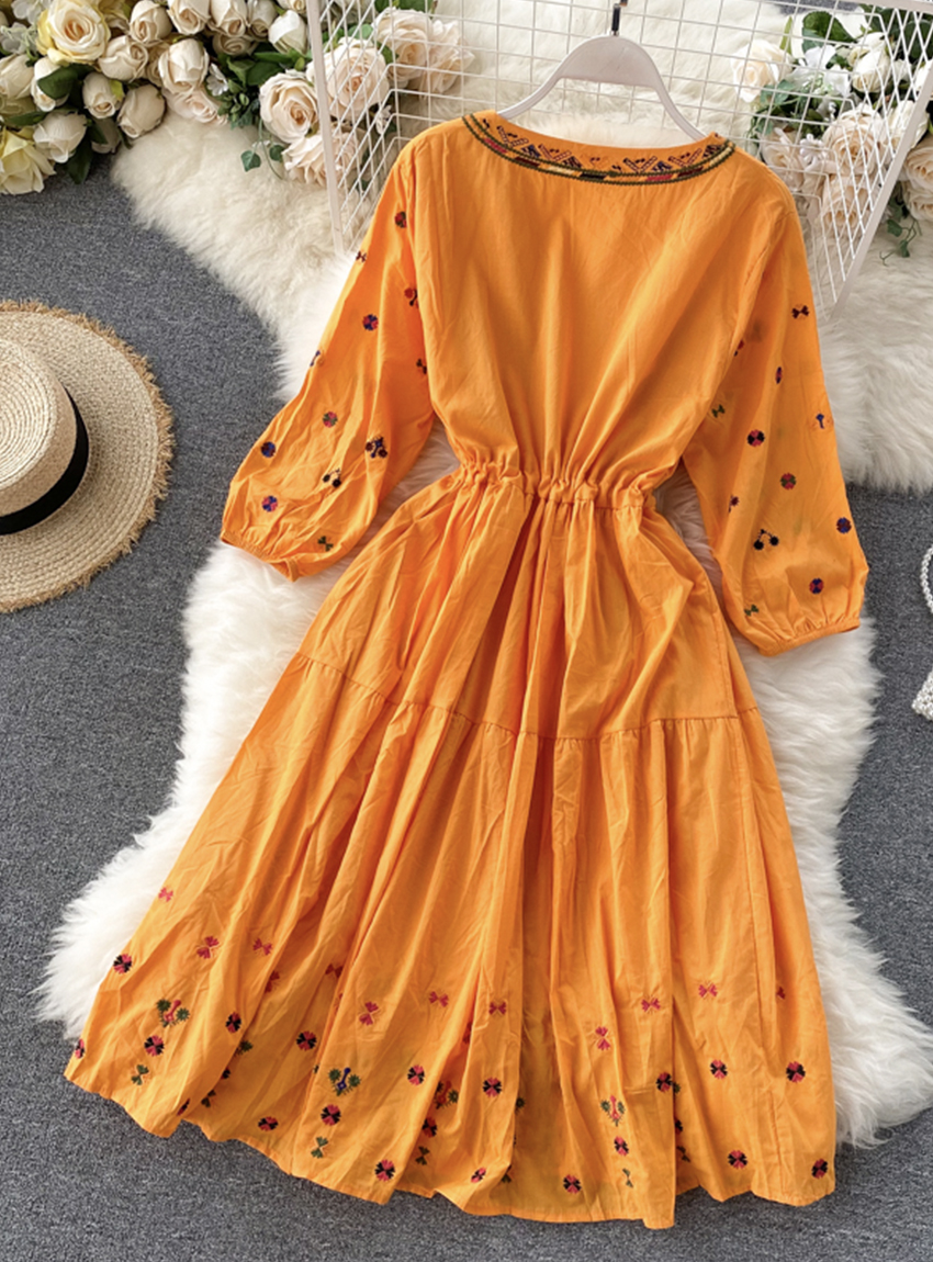 A Line V Neck Embroidery Long Sleeve Dress