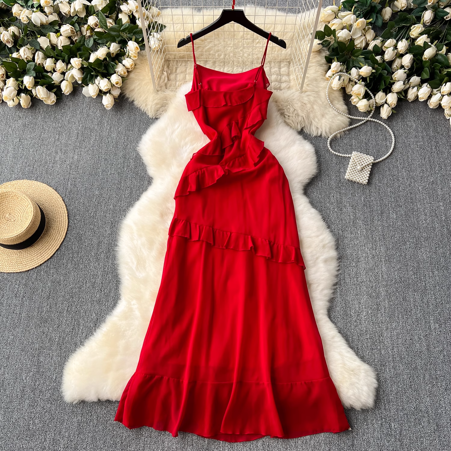 Red dress sexy slit ruffled patchwork holiday skirt