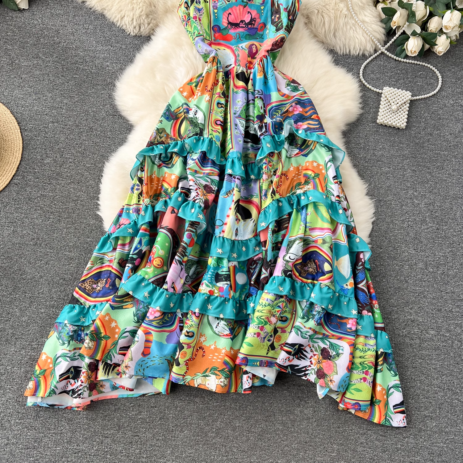 women's printed retro suspender dress