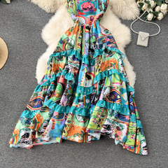 women's printed retro suspender dress