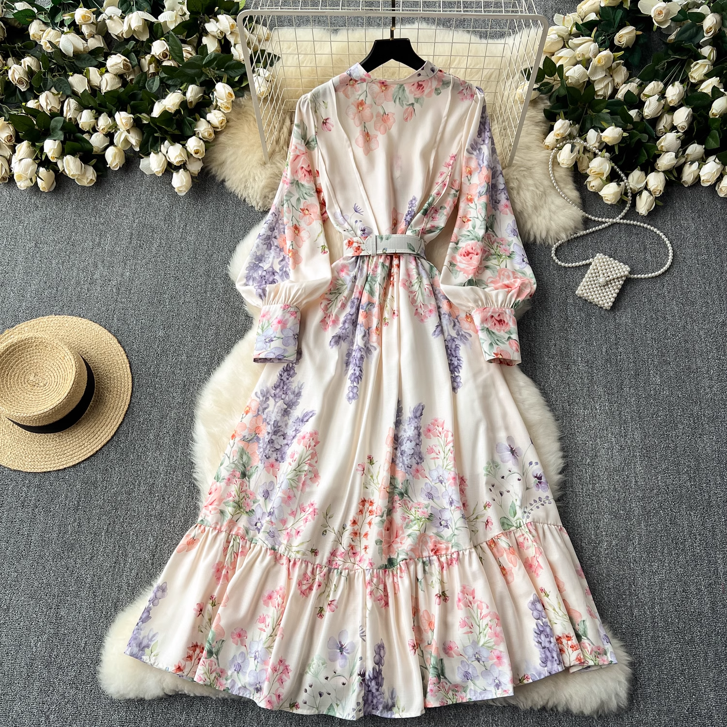 Retro elegant lantern long-sleeved waist printed dress