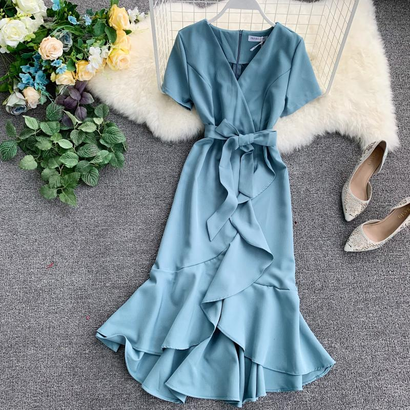 chic v neckline high low spring summer dress ,