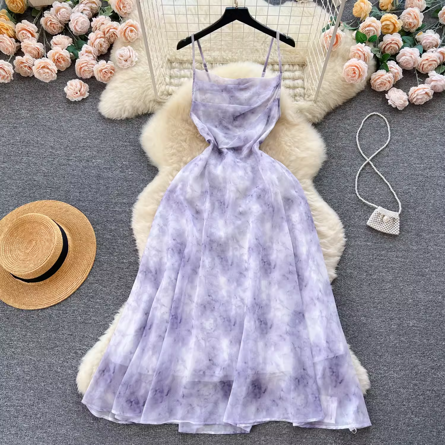 Smudge printing strap dress female seaside vacation chiffon beach skirt