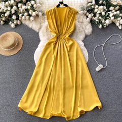 V-neck pleated waist hollow dress women summer dress ,